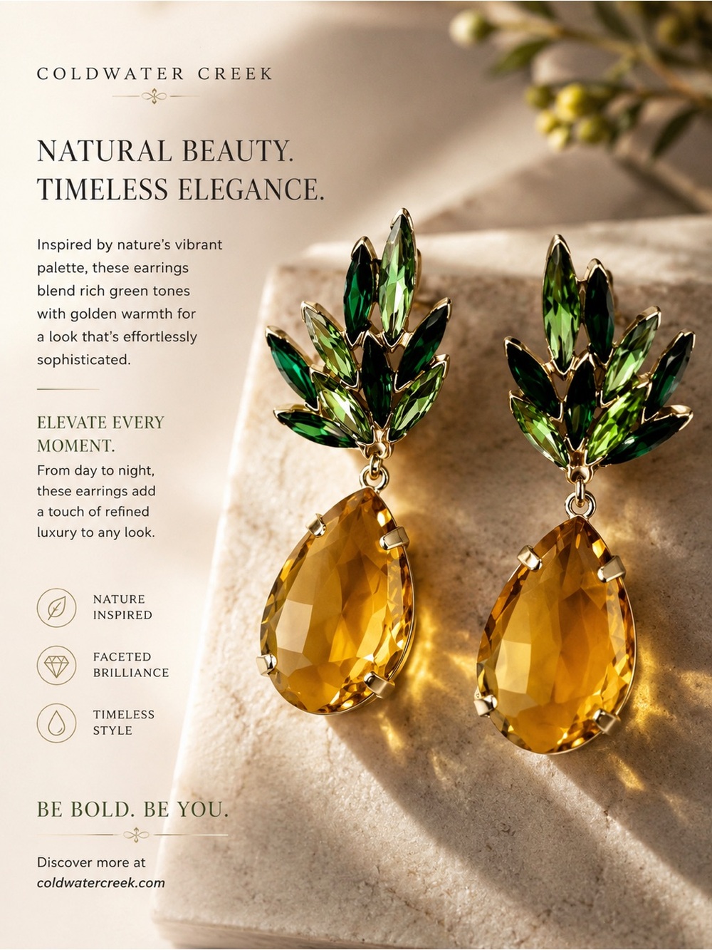 Coldwater Creek Green Leaf and Amber Teardrop Earrings